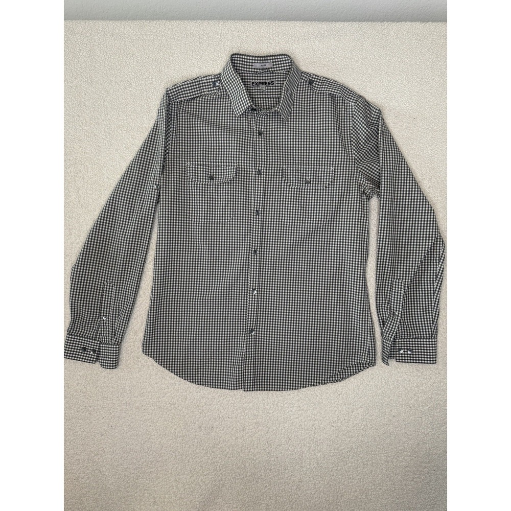 Express Fitted Shirt Mens Large Black White Check Button Up Long Sleeve‎